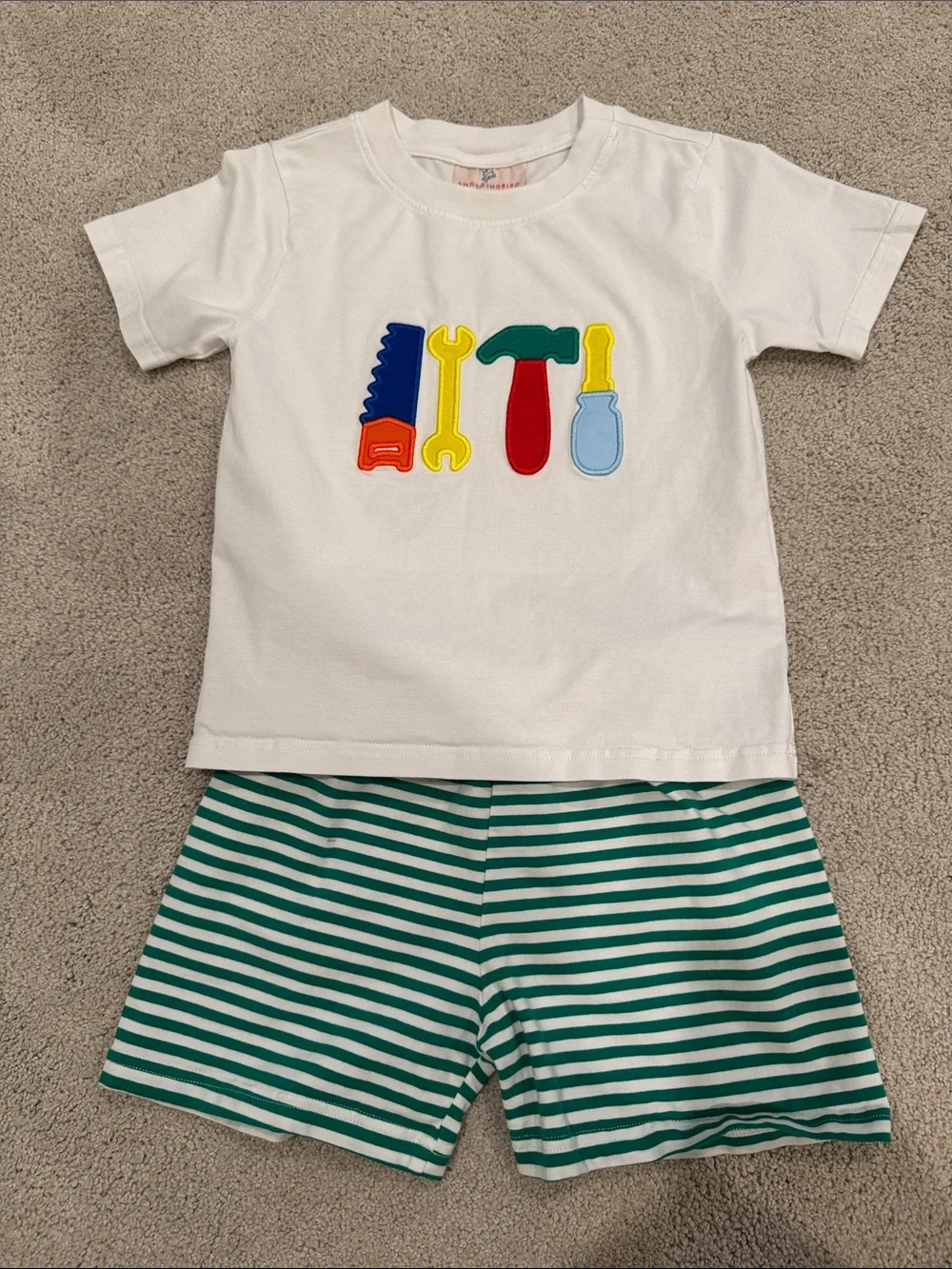 White Tool Appliqué Kids Matching Set with Green Striped Shorts